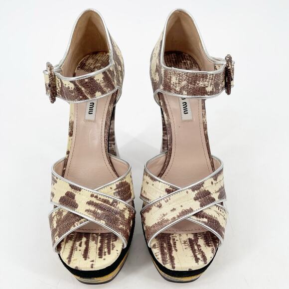 Miu Miu Beige Black Gold Teju Lizard Embossed Platform Sandals Heels IT 39.5 - Picture 6 of 14